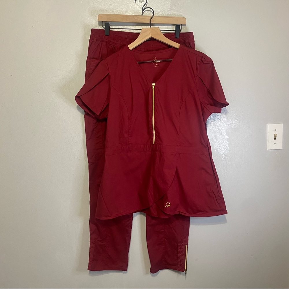 JAANUU Scrub Set Medical Pants & Tulip top Wine Maroon Size XL